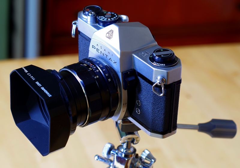 Super Takumar 50mm f1.4 8 element version with original hood and a 500 Spotmatic Pentax User
