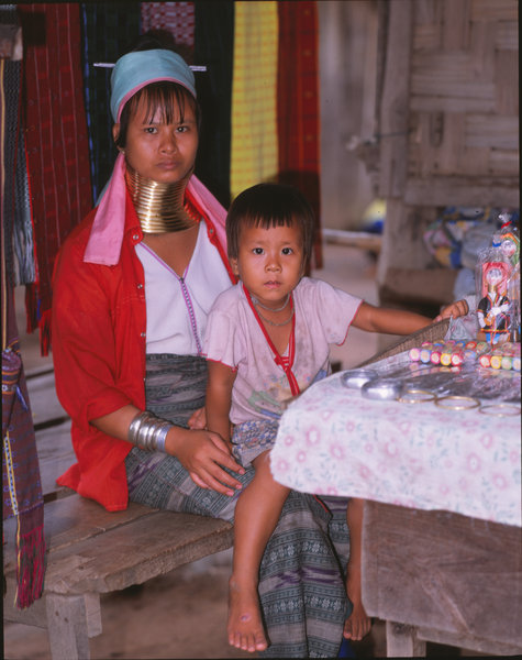 long necked hill tribe woman & child