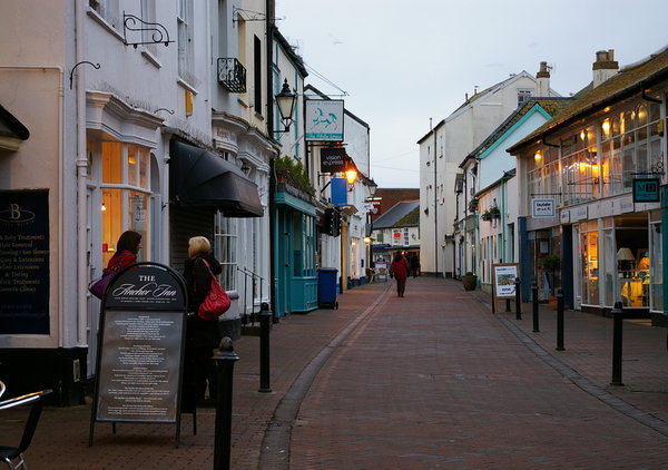 High Street, Sidmouth, at dusk.