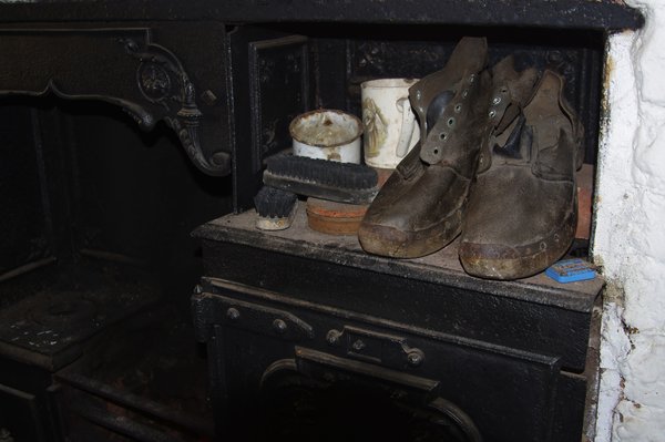 Clogs, and fireplace