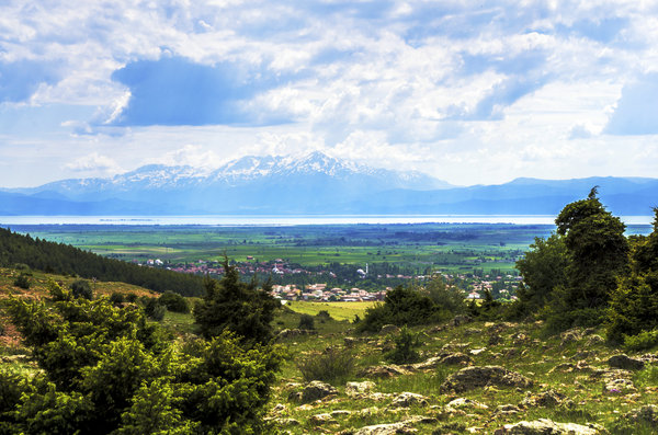 Village, Lake and Mountain