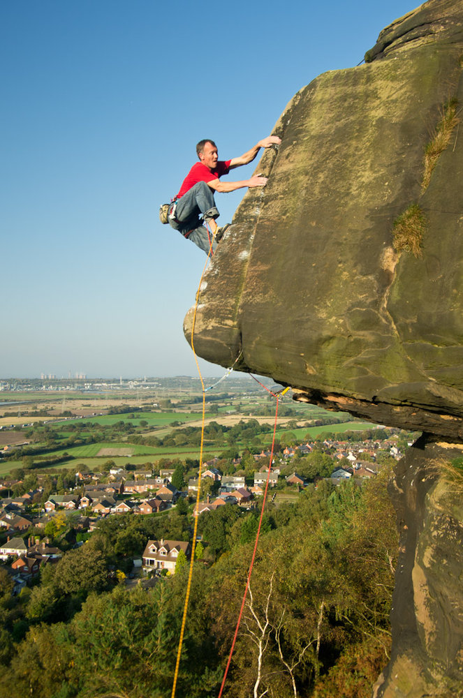 Pete Chadwick climbing "Yuppie's Arete" at Helsby, Cheshire