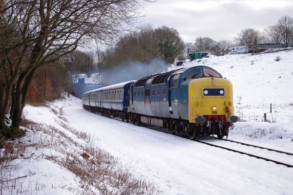 Deltic in the snow near Ramsbottom