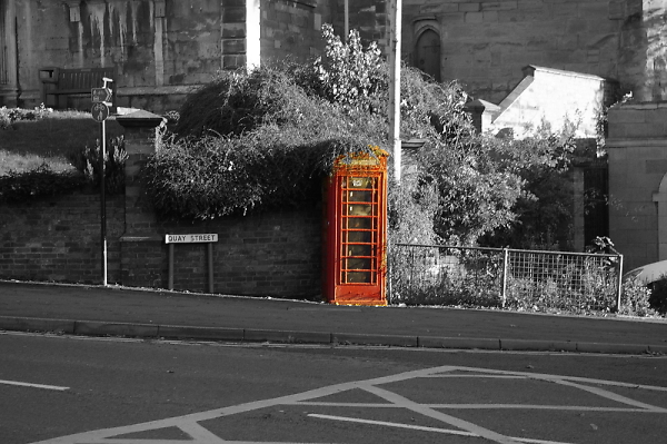 The unloved phone box on the corner of Quay Street.