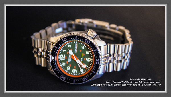 Seiko Custom made  6309 Military Green 24 Hour Pilot Automatic DayDate Diver's Watch