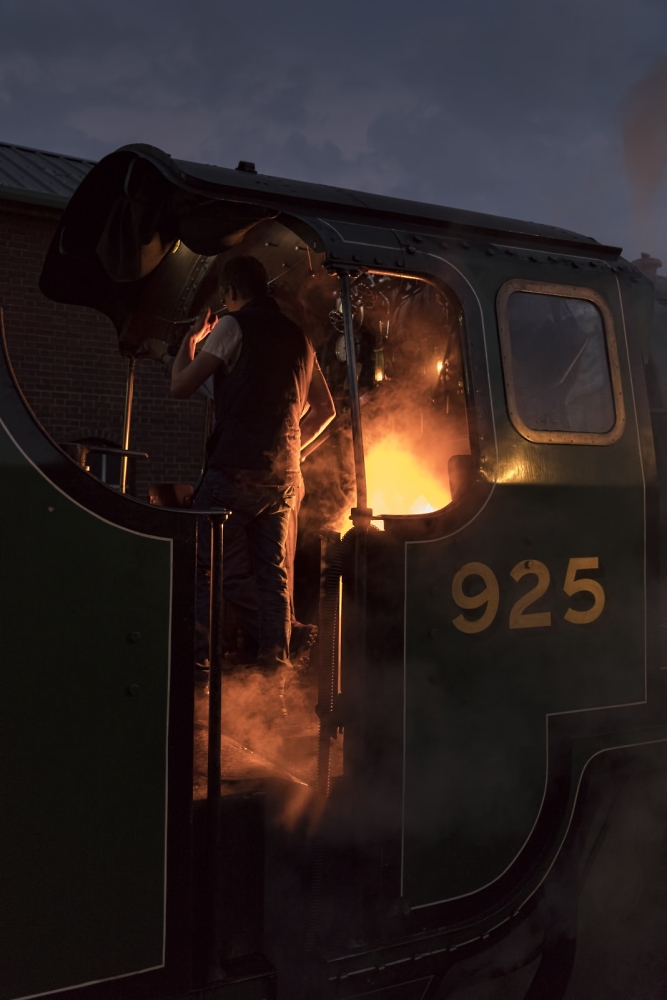Steam train at dusk