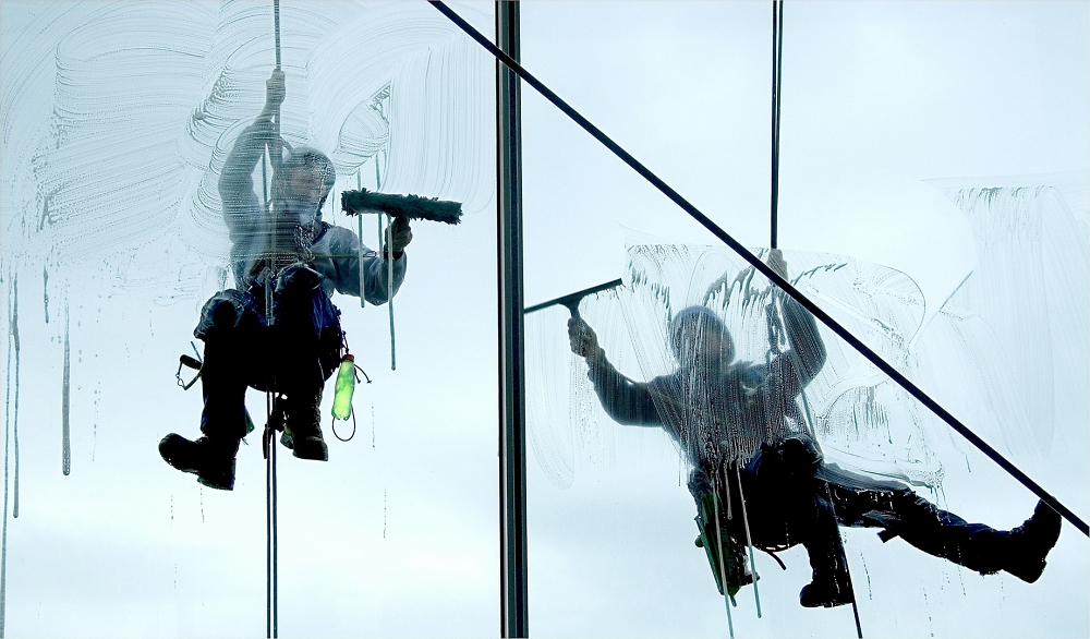Abseiling window cleaners