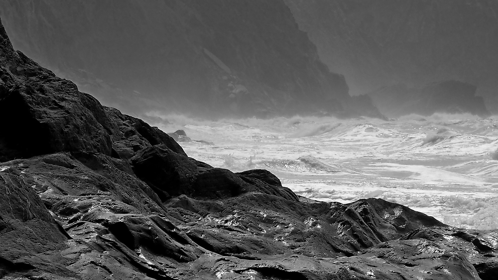 Slate, sea and spray in mono.