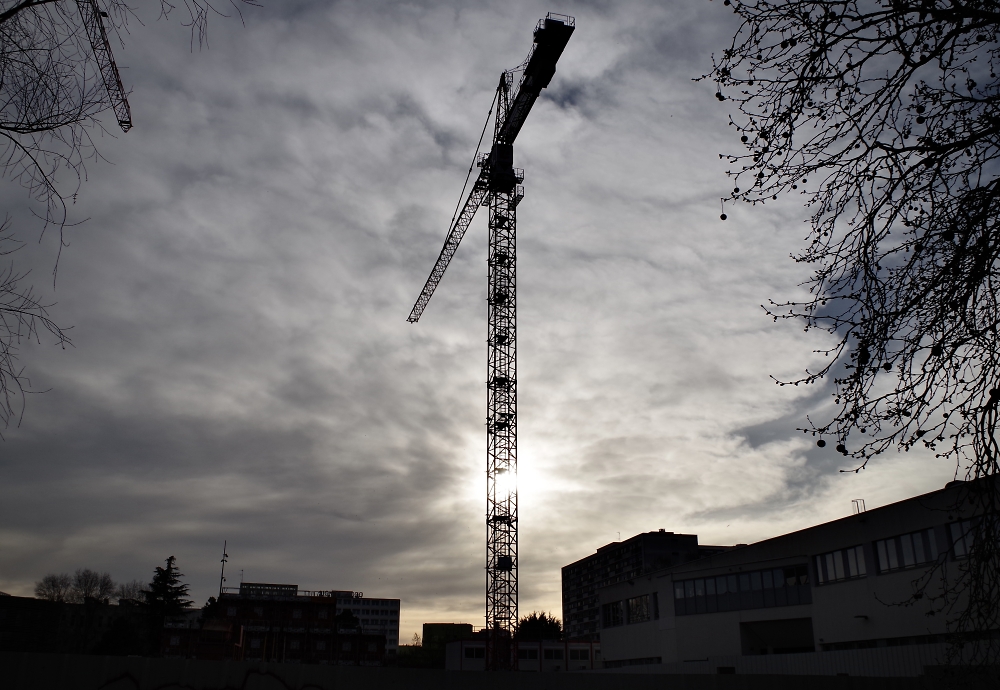 Nothing much, but a tall lone crane, wishing 'twas surrounded by others again, a brave and lonely and nostalgic stand, while towering above the concrete human land. But its cause is not lost, for, alas, I see another crane in the corner peeping at me.