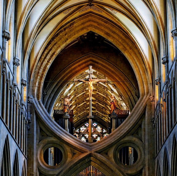 Crucifiction  scene above the famous scissors arch in Wells Cathedral.
