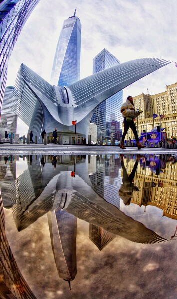 Fisheye reflection shot of the Oculus, NYC